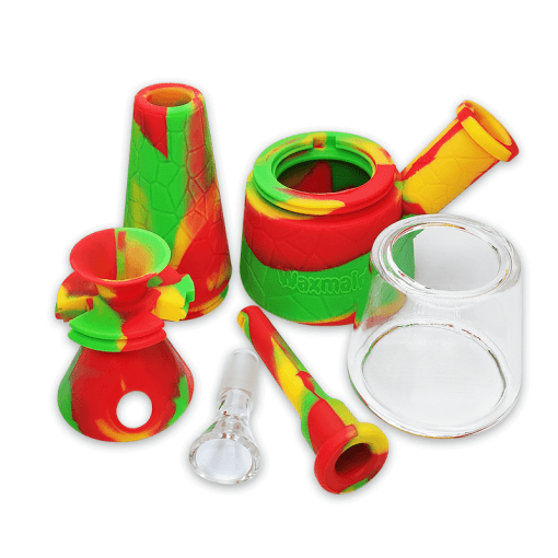 Waxmaid Fountain Silicone Glass Water Pipe with colorful design, disassembled view