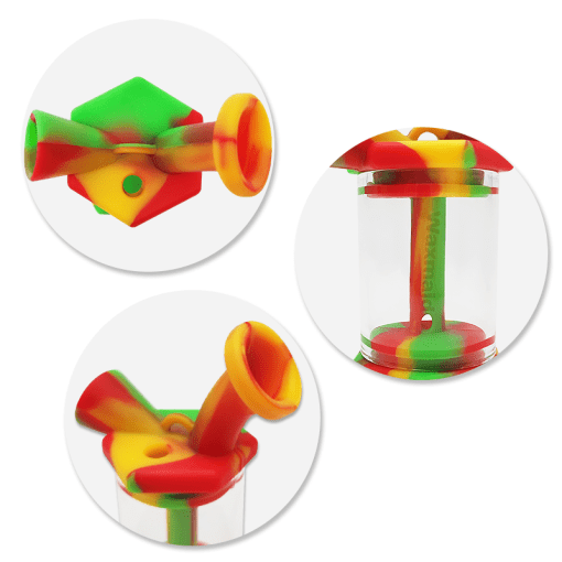 Waxmaid Silicone Glass Mini Bubbler in Rasta Colors, Multiple Angles Displayed