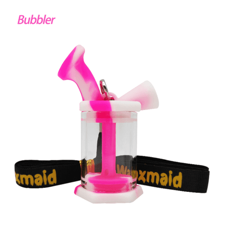 Waxmaid Pink Cream Silicone Glass Mini Bubbler, Front View with Black Strap