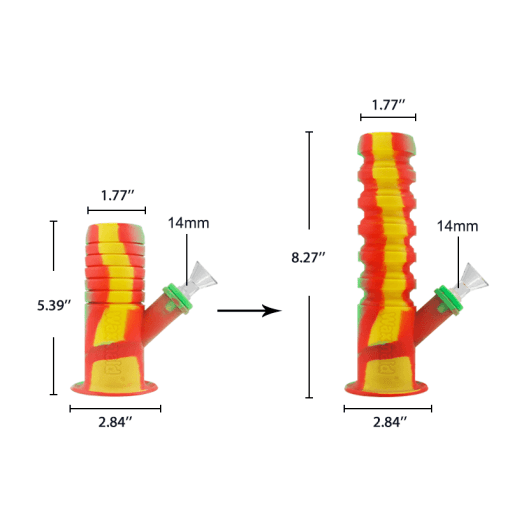 Waxmaid Springer Mini Collapsible Silicone Water Pipe with dimensions, expanded and collapsed views