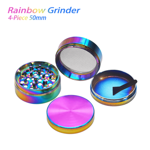 Waxmaid 4-Piece Rainbow Dry Herb Grinder, 50mm, displayed disassembled