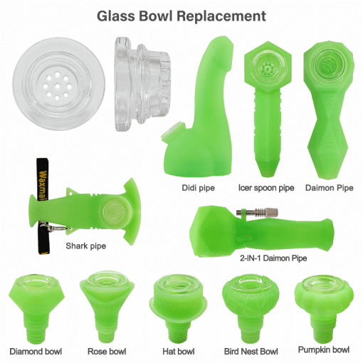 Waxmaid 18mm Glass Bowl Replacements in green, displayed with various Waxmaid handpipes