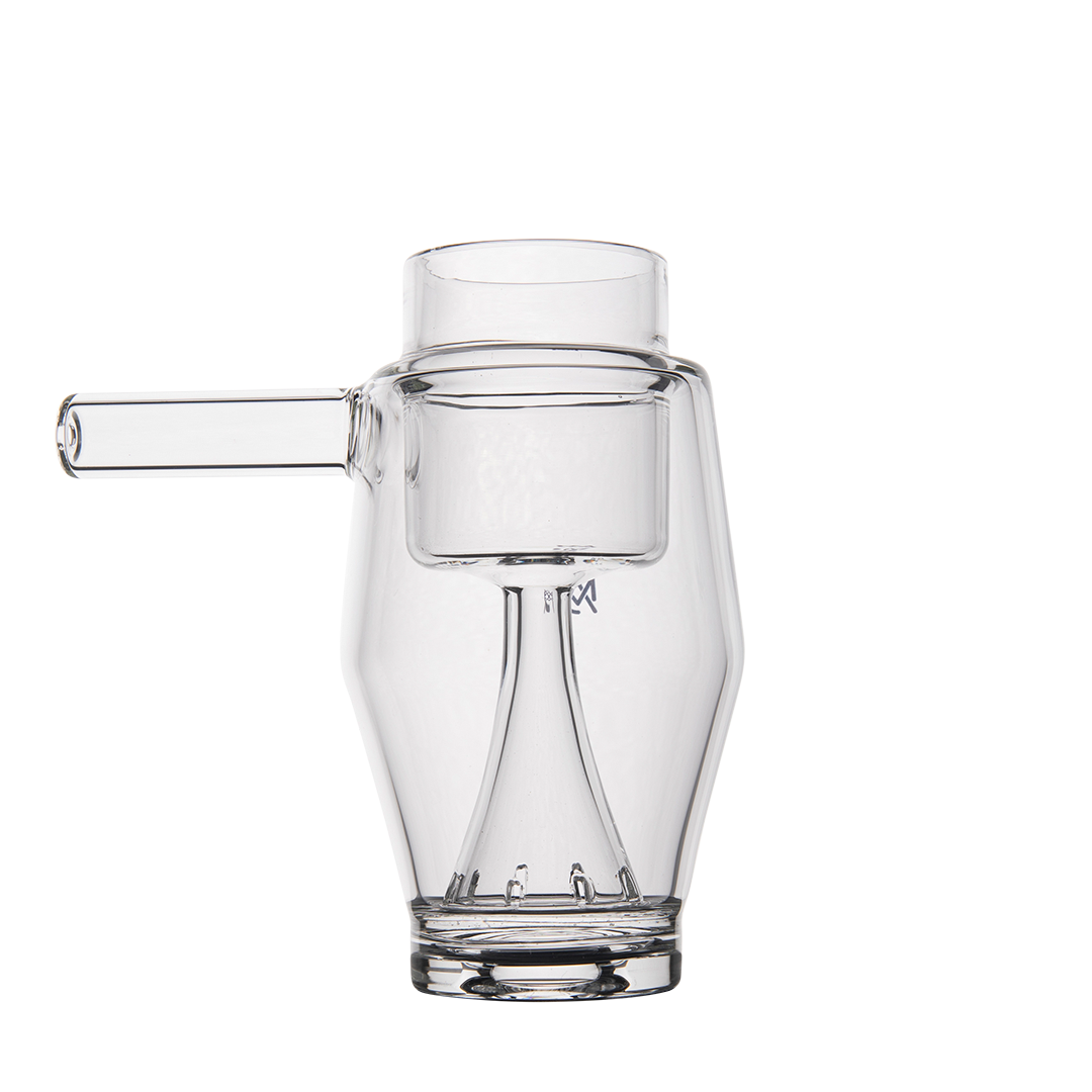 MJ Arsenal Proxy Bubbler Mini, clear glass dab rig with side pipe, front view on white background