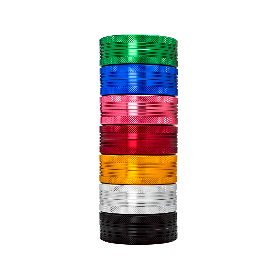 Stack of Medusa Customs Flat Grinders in various colors including green, blue, red, and more