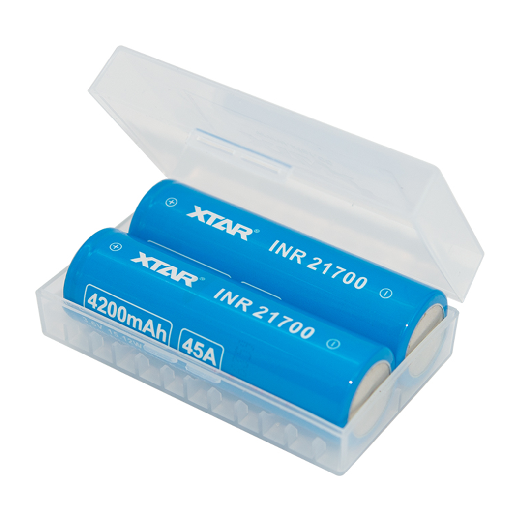XTAR 2 Bay Battery Case with 21700 Size Batteries, Open View on White Background