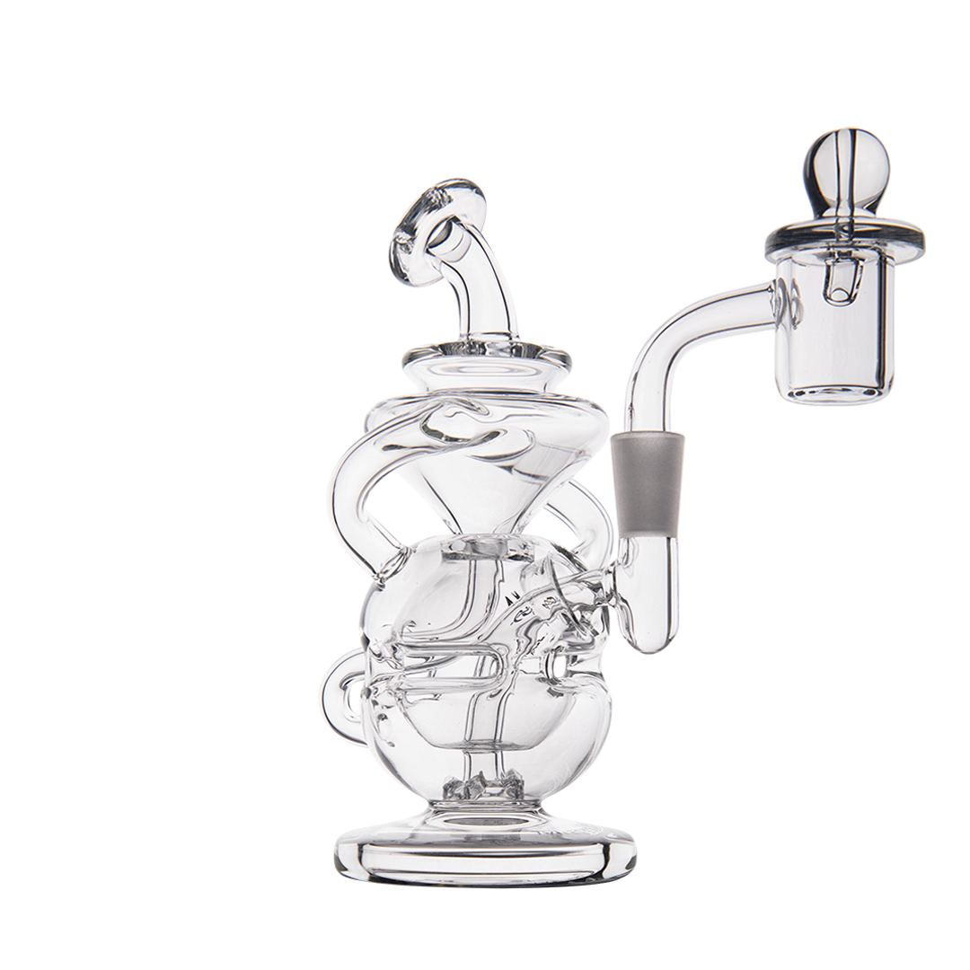 MJ Arsenal Infinity Mini Dab Rig, Compact Dual Recycler, 10mm 90Β° Joint, with Quartz Banger, Front View