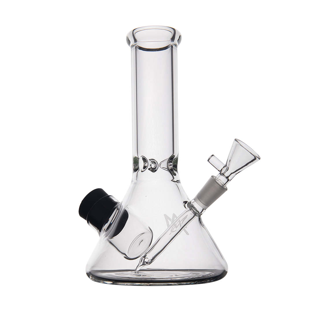 MJ Arsenal Cache Bong in clear borosilicate glass, compact beaker design with 45-degree joint, side view