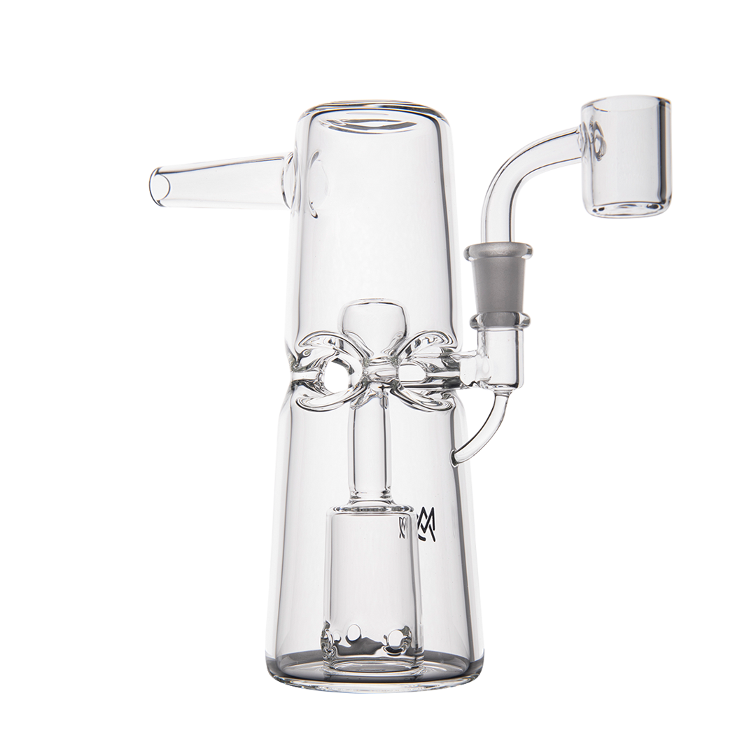 MJ Arsenal Turret Mini Dab Rig with Quartz Bucket, Compact Clear Glass, Angled Side View