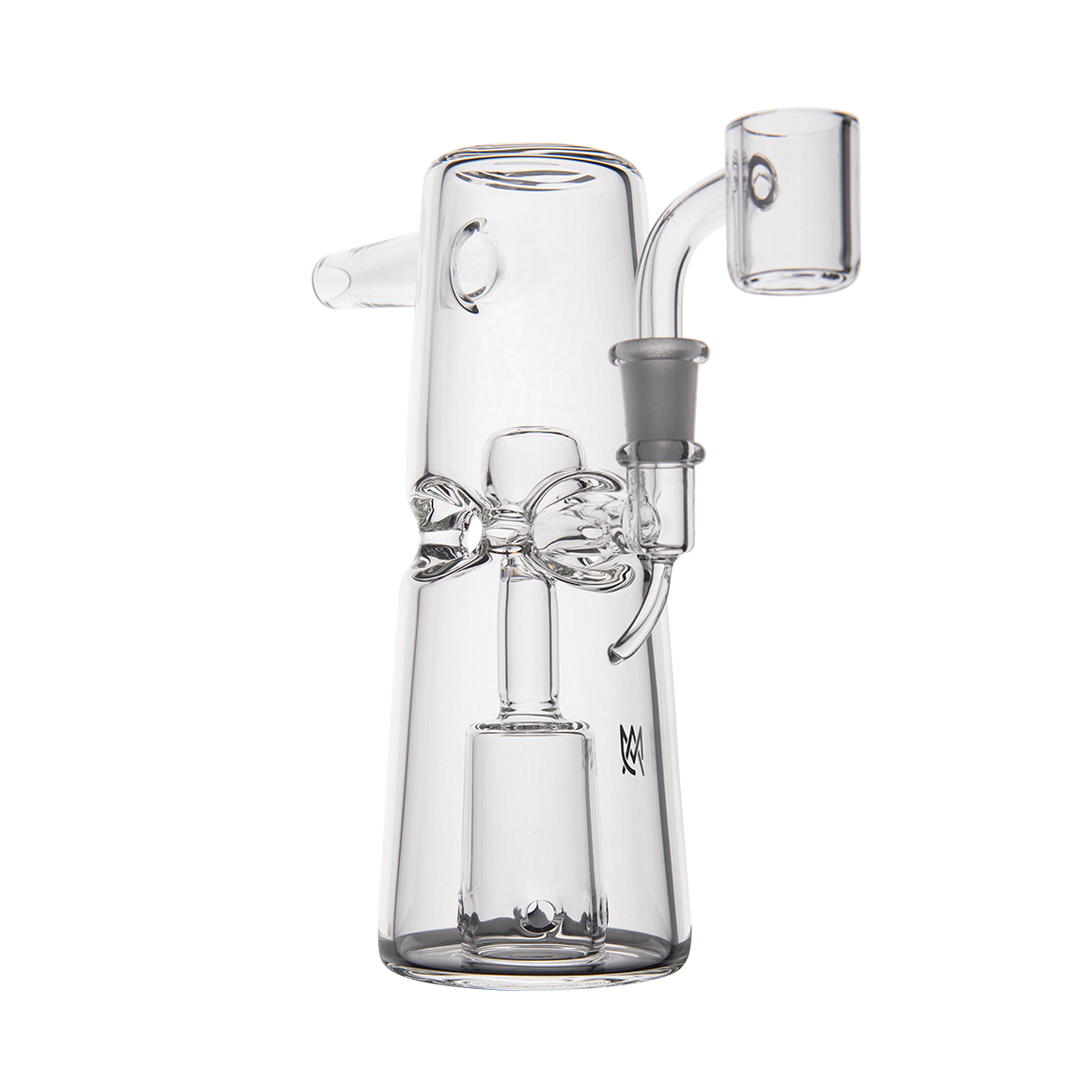 MJ Arsenal Turret Mini Dab Rig featuring a quartz bucket, compact design, front view on seamless white background