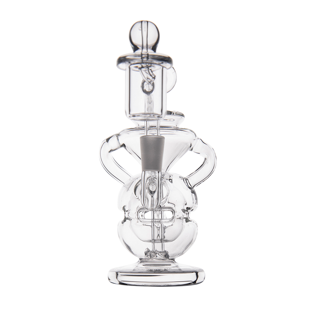 MJ Arsenal Infinity Mini Dab Rig, clear borosilicate glass, 90-degree banger hanger design, front view