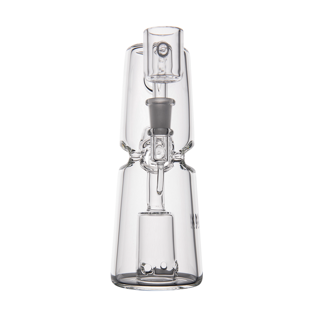 MJ Arsenal Turret Mini Dab Rig front view with quartz bucket, compact and clear glass design
