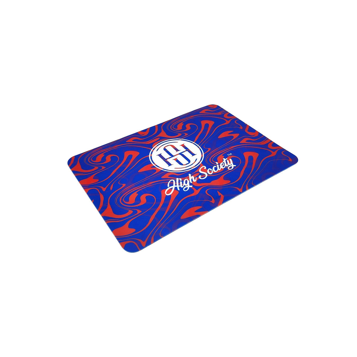 High Society Rectangle Dab Mat in Blurberry with vibrant blue and red swirl design, top view