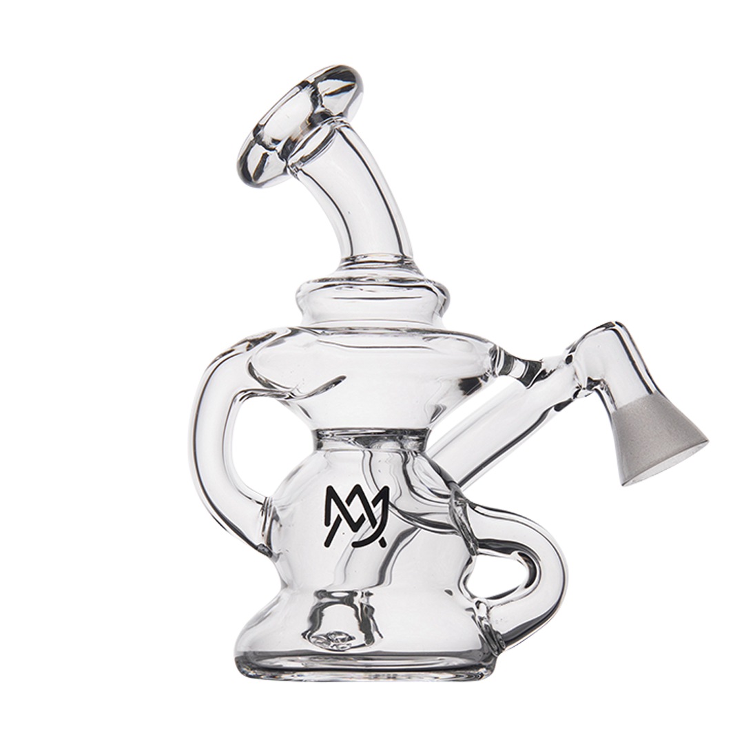 MJ Arsenal Hydra Vape Edition mini dab rig, clear glass with MJ logo, side view on white background