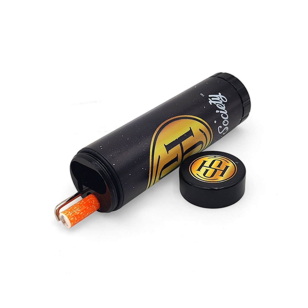 High Society Black Dugout with Mini Grinder and Cigarette One-Hitter, Front View
