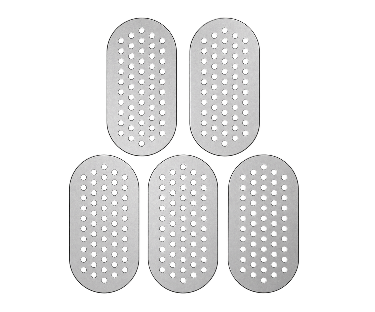 G Pen Dash+ Mouthpiece Filter Screens 5-Pack, stainless steel, top view on green background