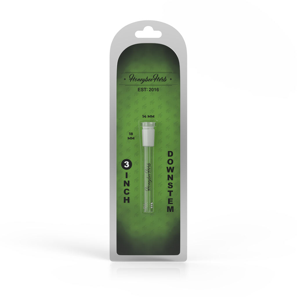 Honeybee Herb Glass Downstem 3in Clear, front view in branded packaging