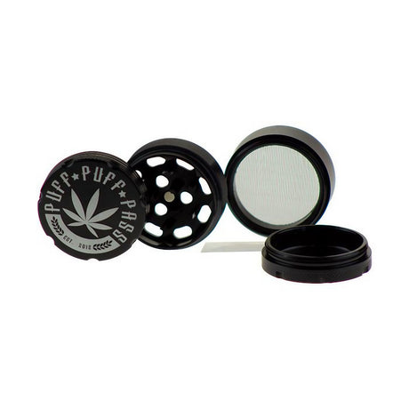 Puff Puff Pass 3-Part Aluminum Grinder in Black, 40mm, Opened to Show Compartments
