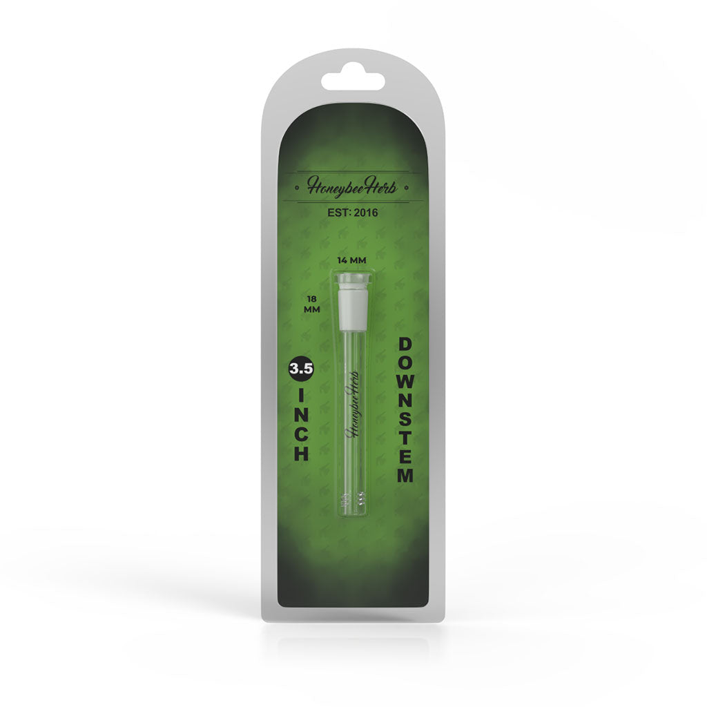 Honeybee Herb Glass Downstem 3.5in Clear, front view on branded packaging