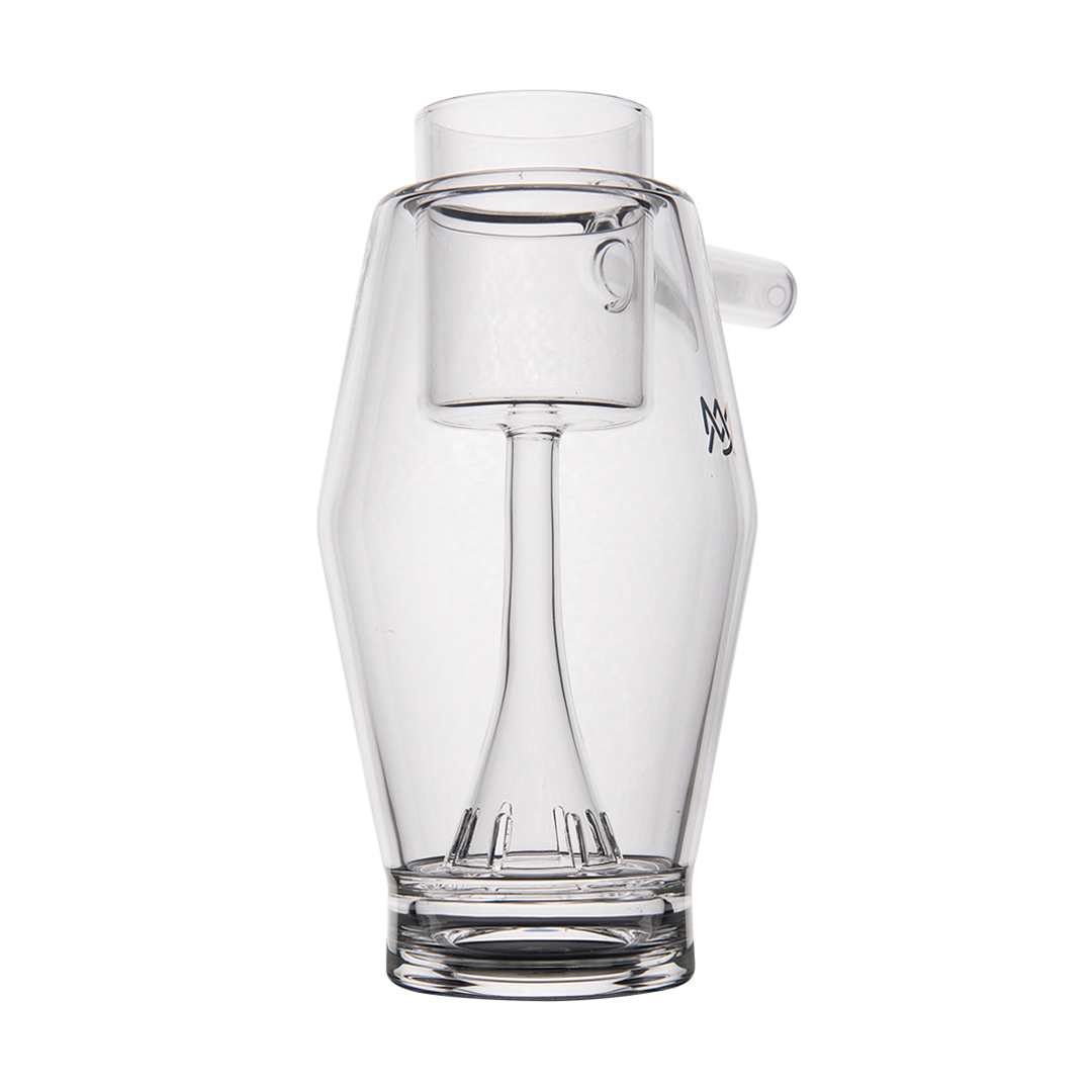 MJ Arsenal Proxy Bubbler front view, clear borosilicate glass dabbing accessory with logo