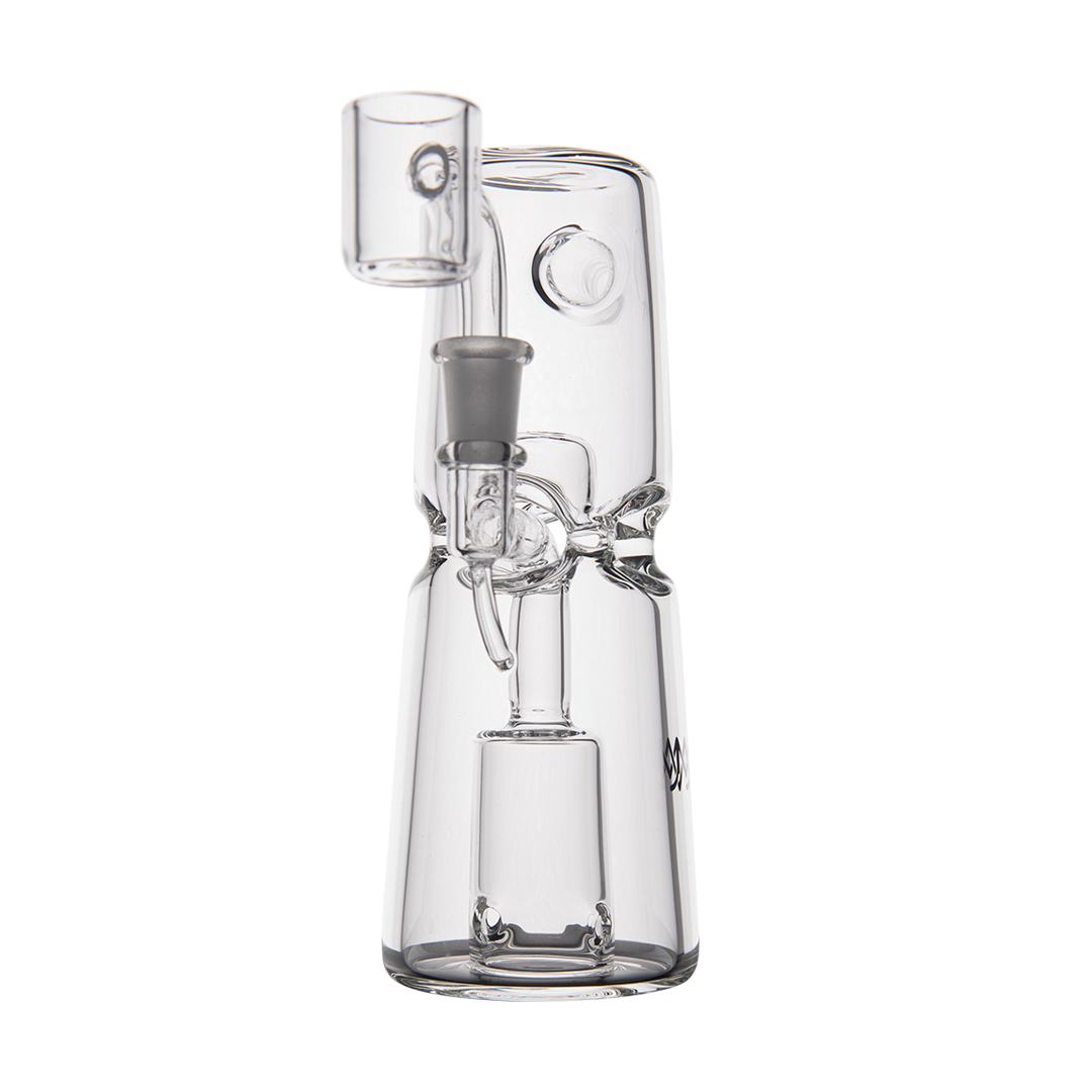 MJ Arsenal Turret Mini Dab Rig with Quartz Bucket, Compact Design, Front View on Seamless White Background