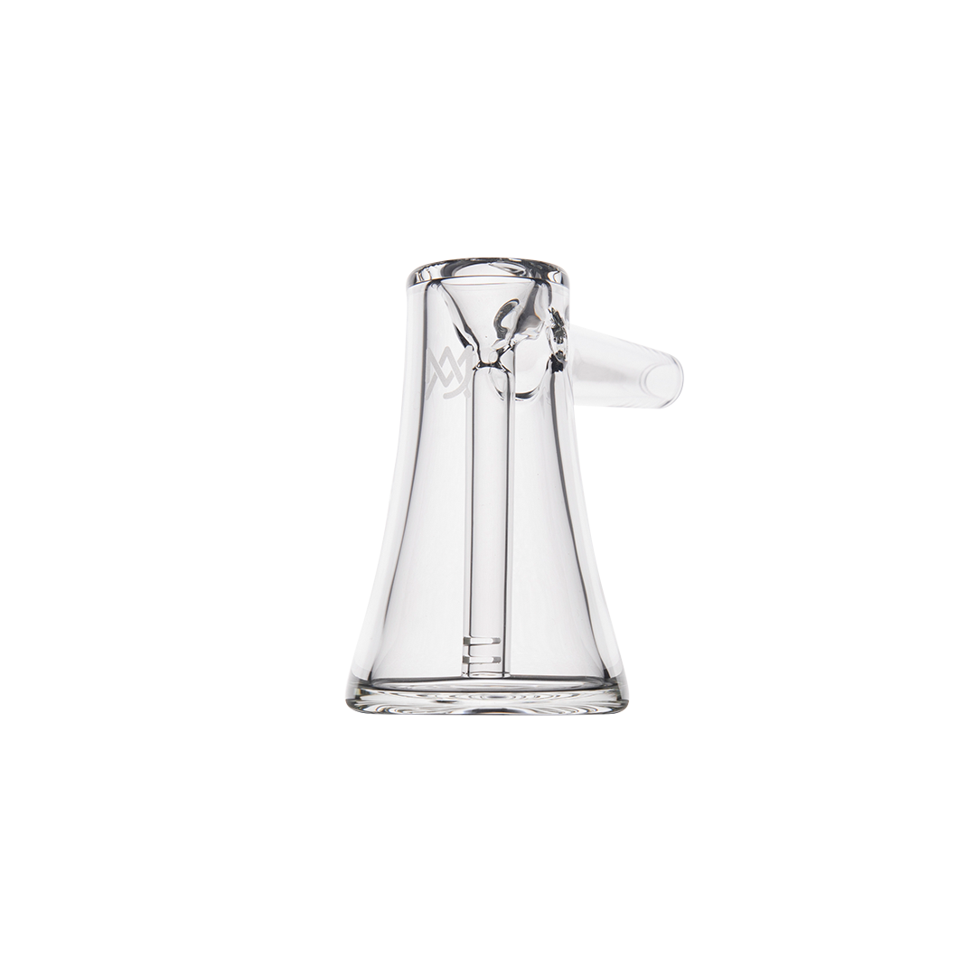 MJ Arsenal Vulkan Bubbler with sleek clear glass design, side view on a pristine white background