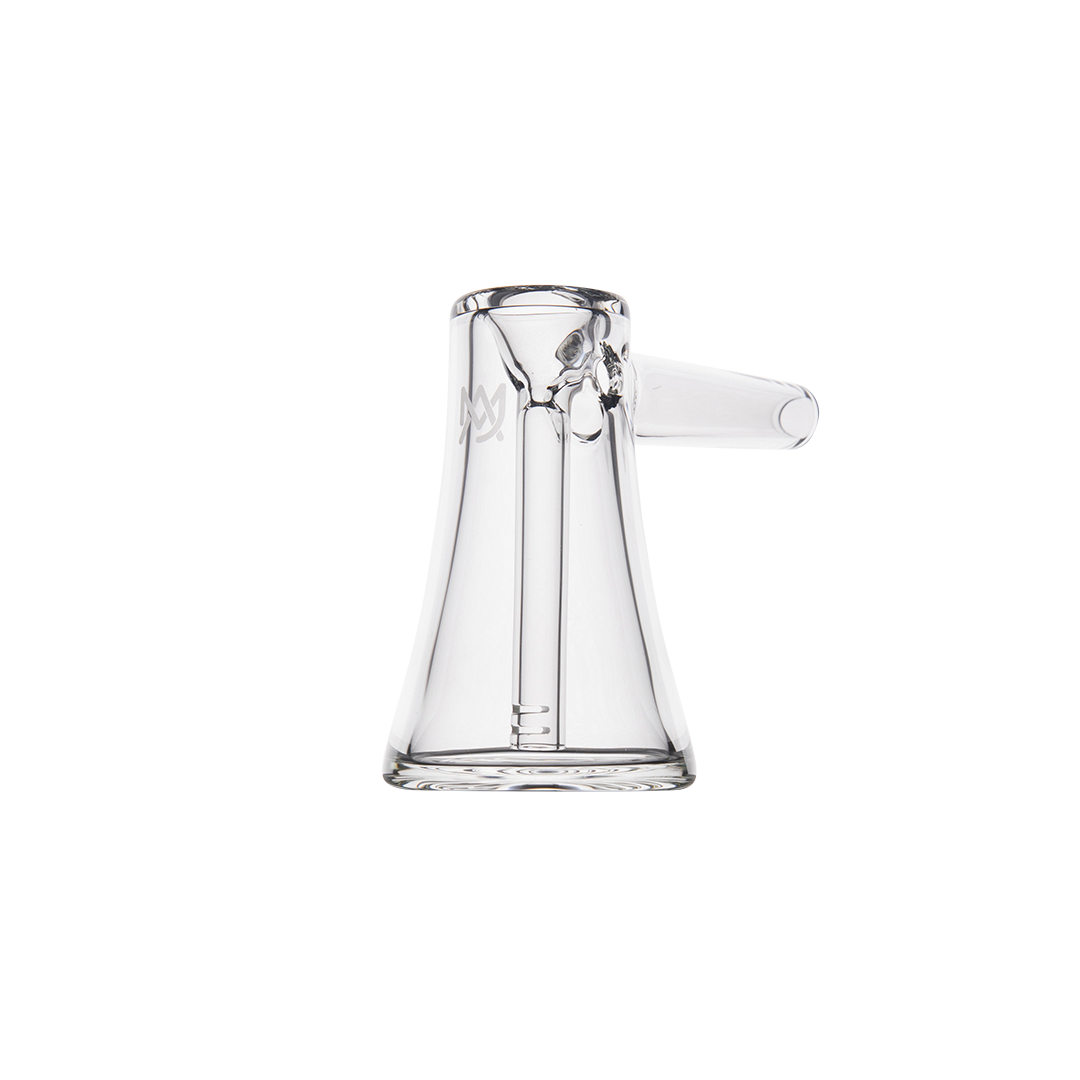 MJ Arsenal Vulkan Bubbler with a sleek, clear glass design, side view on a white background