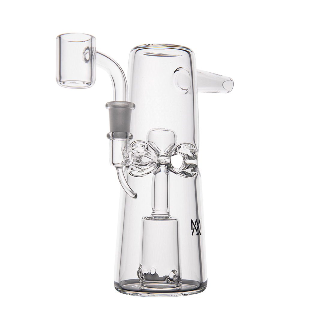 MJ Arsenal Turret Mini Dab Rig with clear quartz bucket, compact design - Front View