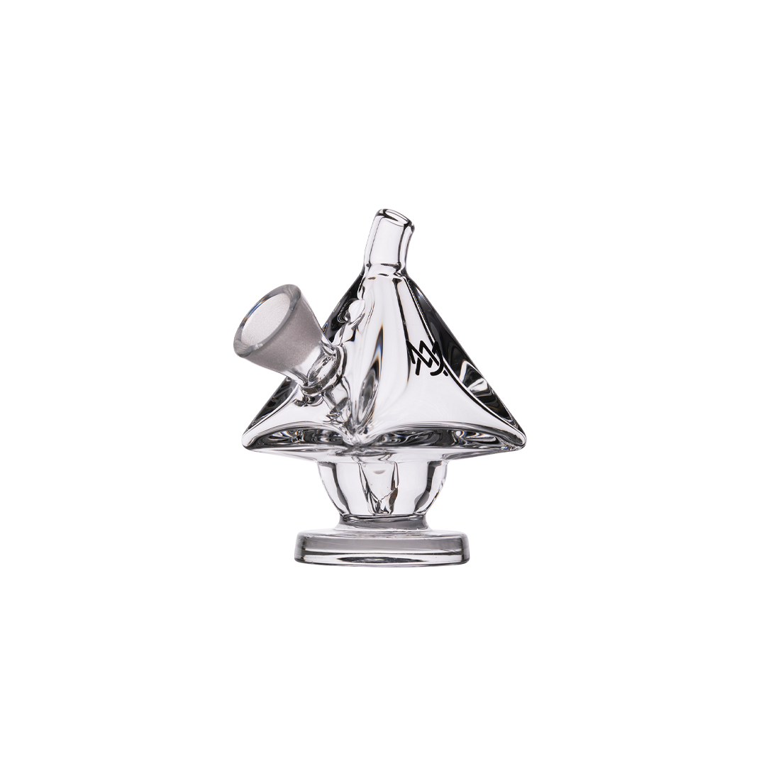 MJ Arsenal King Bubbler in clear borosilicate glass, 45-degree view showing compact design for dry herbs