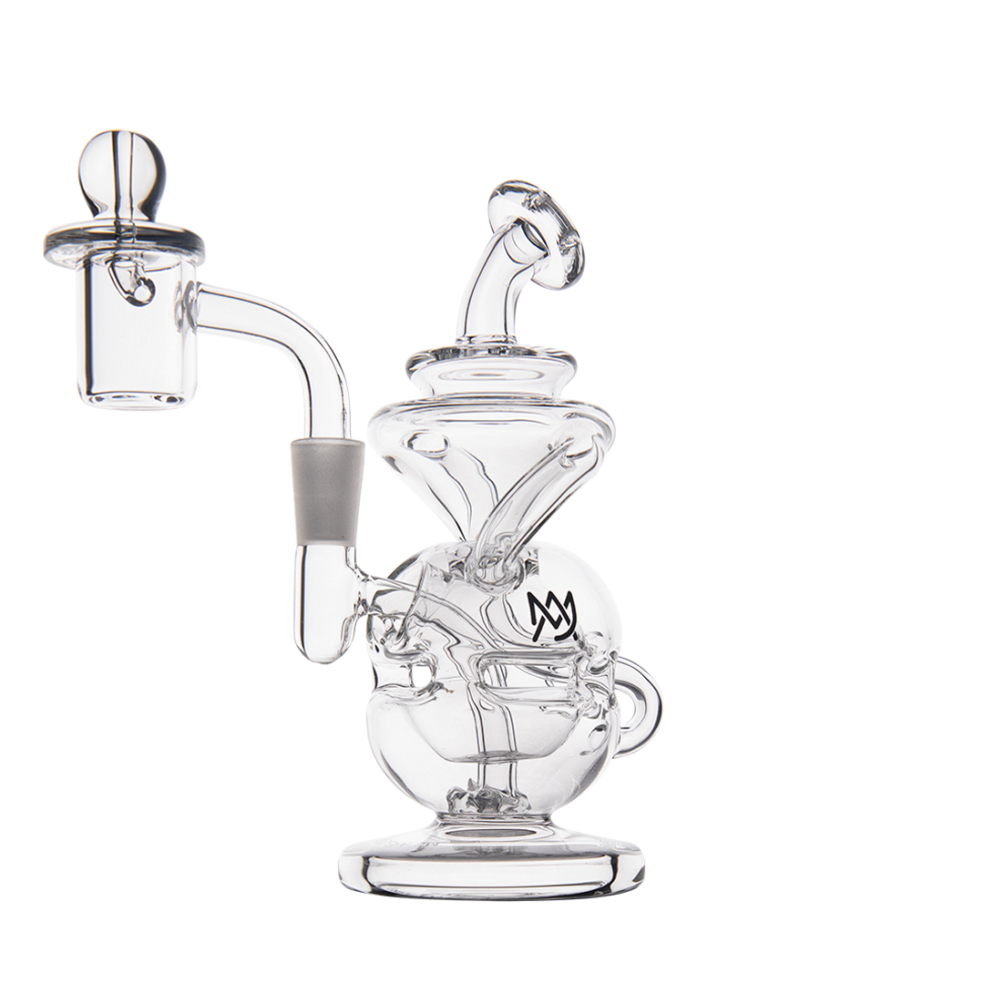 MJ Arsenal Infinity Mini Dab Rig with banger hanger design and recycler, clear borosilicate glass, side view