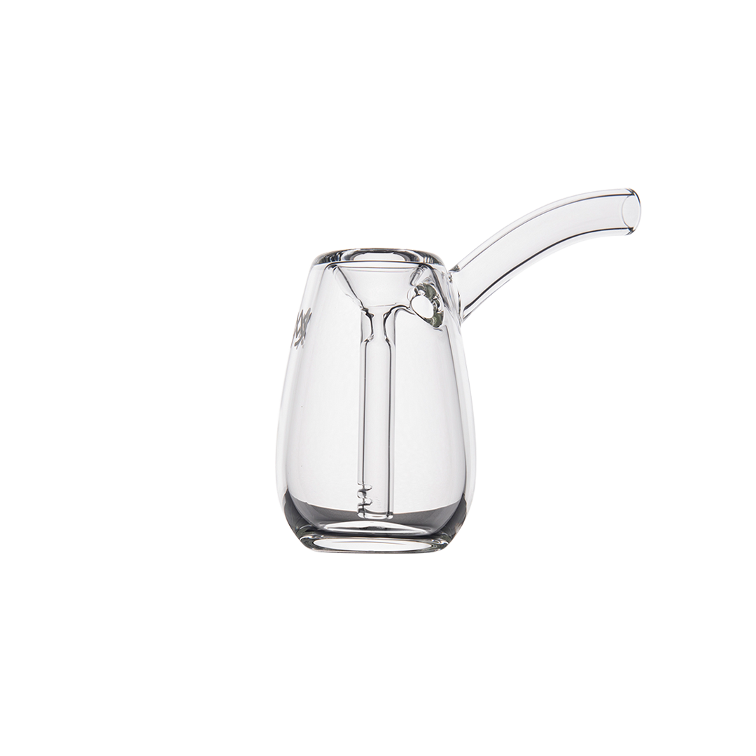 MJ Arsenal Bulb Mini Portable Bubbler, 100% Borosilicate Glass, Front Angle on Seamless White