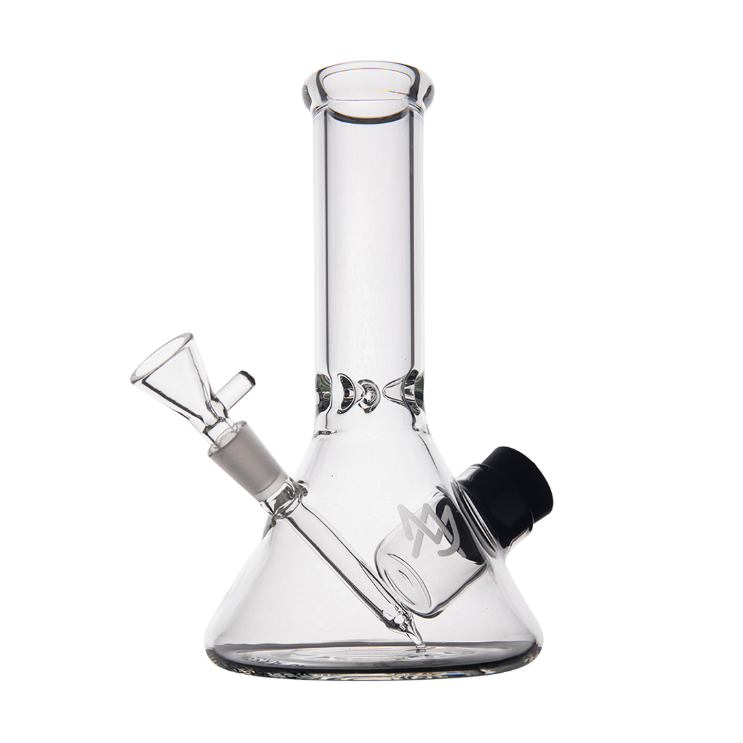 MJ Arsenal Cache Bong - 7" clear borosilicate glass with gold accents, front view on white background