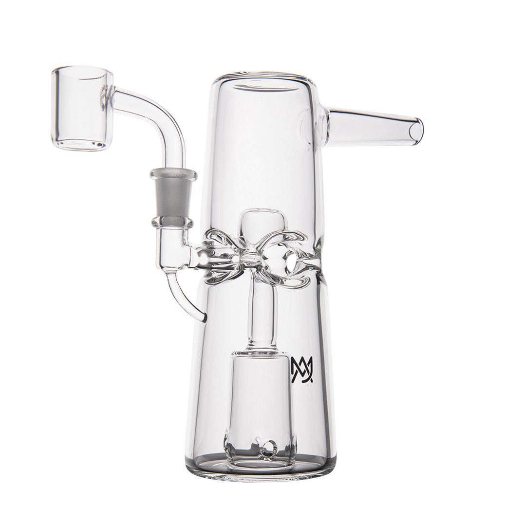 MJ Arsenal Turret Mini Dab Rig with pristine quartz bucket, compact design - Front View