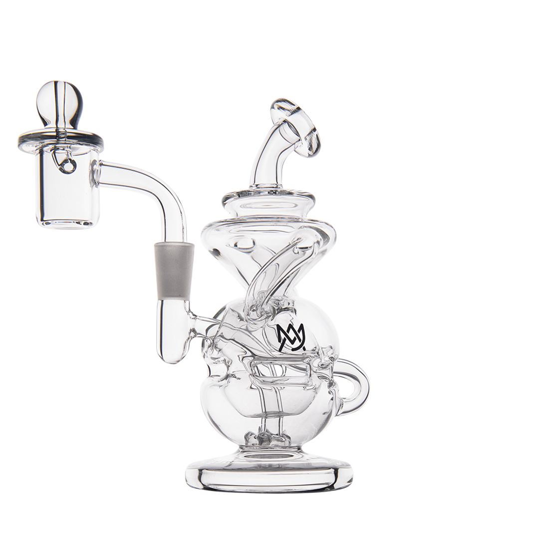 MJ Arsenal Infinity Mini Dab Rig, clear borosilicate glass, 90-degree joint, front view on white background