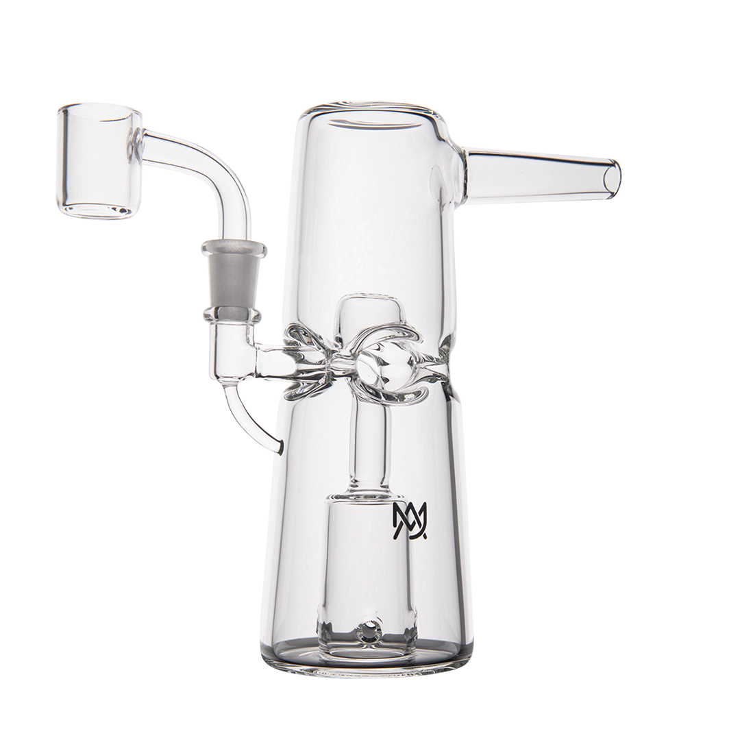 MJ Arsenal Turret Mini Dab Rig with Clear Quartz Bucket - Side Angle on White Background