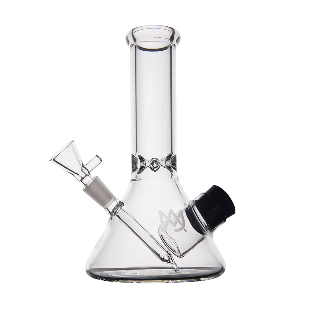 MJ Arsenal Cache Bong 7" with 10mm joint, clear borosilicate glass, compact beaker design, front view on white background