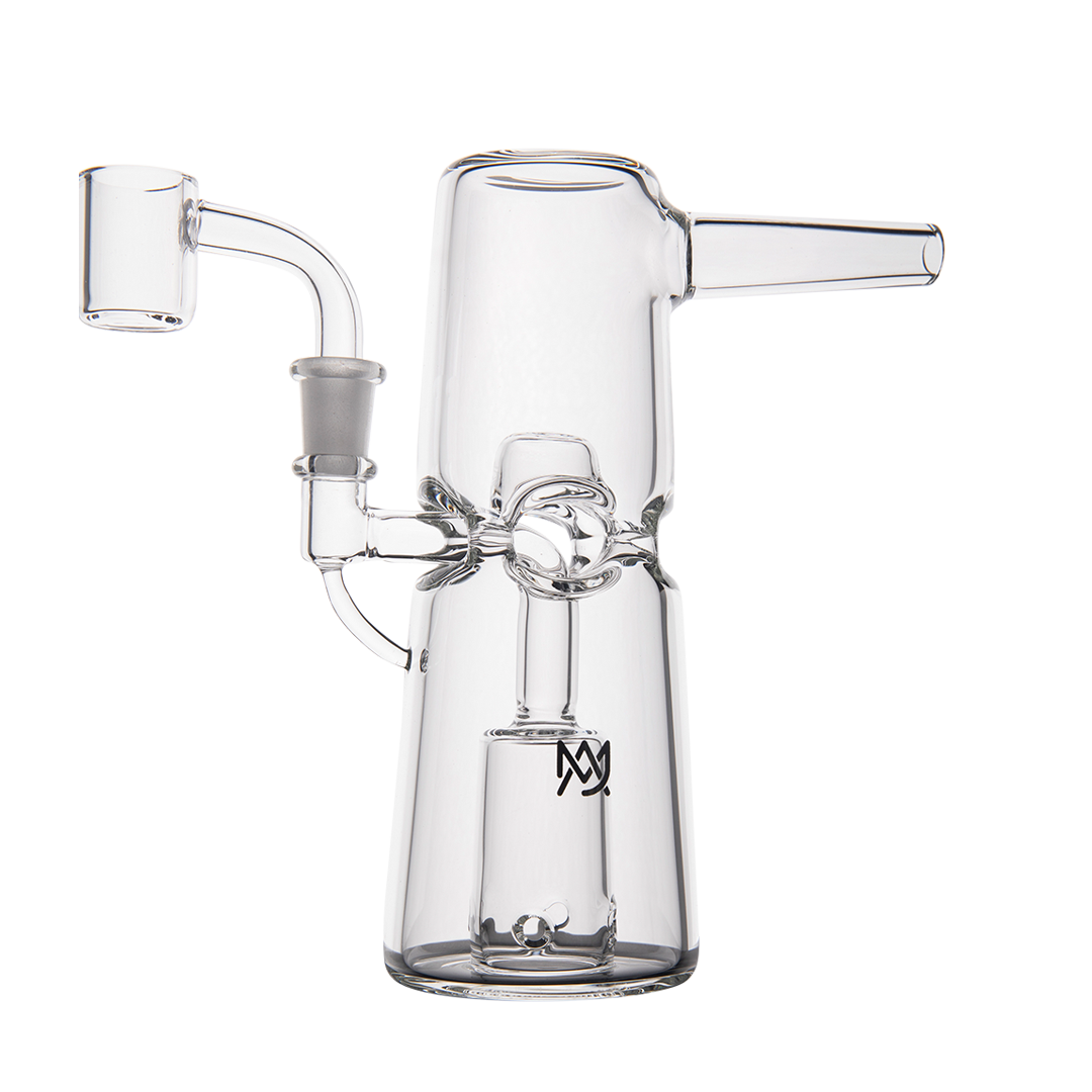 MJ Arsenal Turret Mini Dab Rig with Quartz Bucket, Angled Side View on Seamless White Background