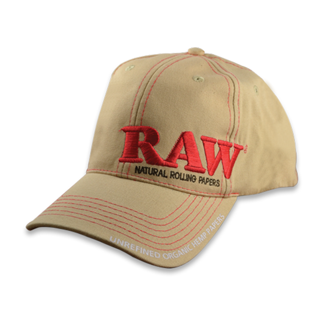 RAW Branded Classic Snapback Hat in Beige with Embroidered Logo, Front View on White Background