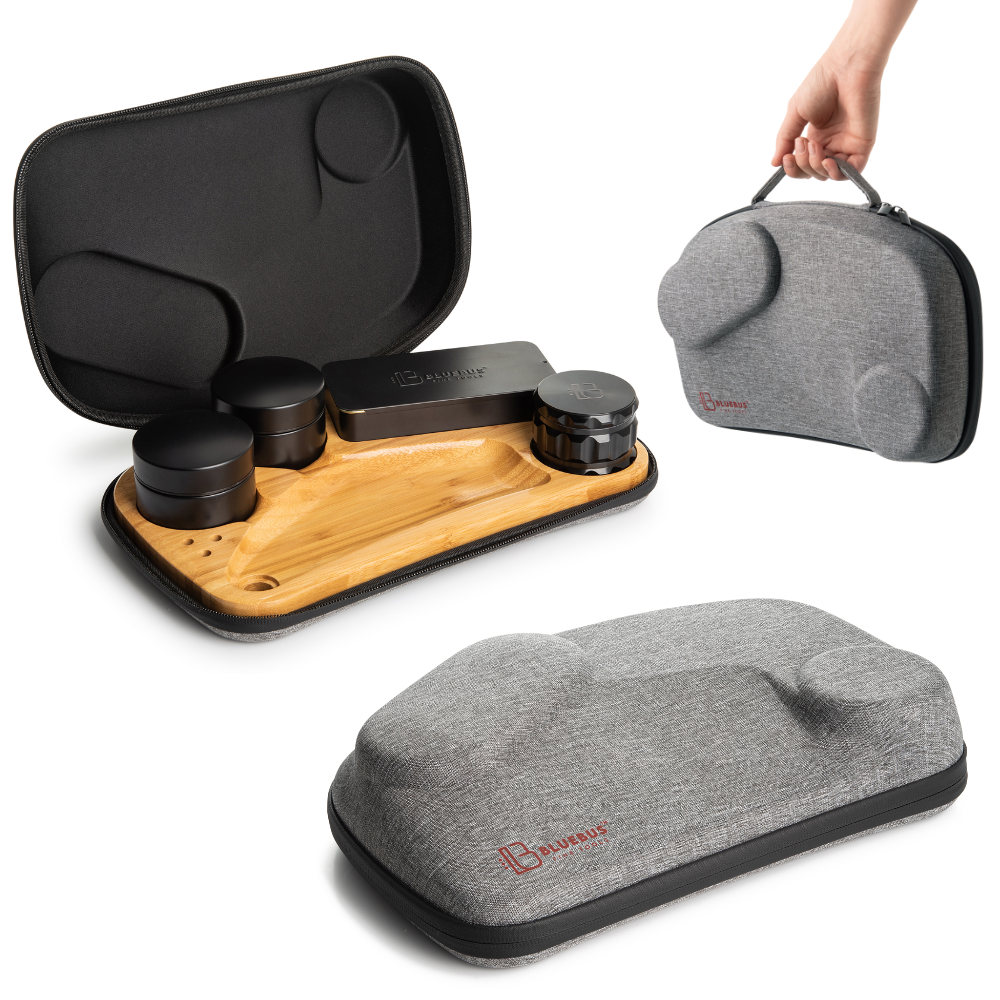 BLAZE Wooden Stash Rolling Tray by Blue Bus with metal grinders and fabric case, portable and compact design