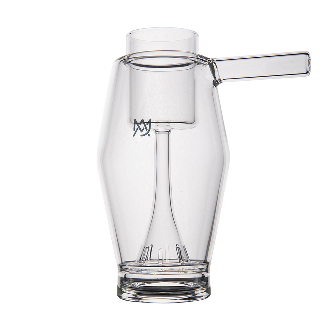 MJ Arsenal Proxy Bubbler front view, clear borosilicate glass with side arm for dabbing