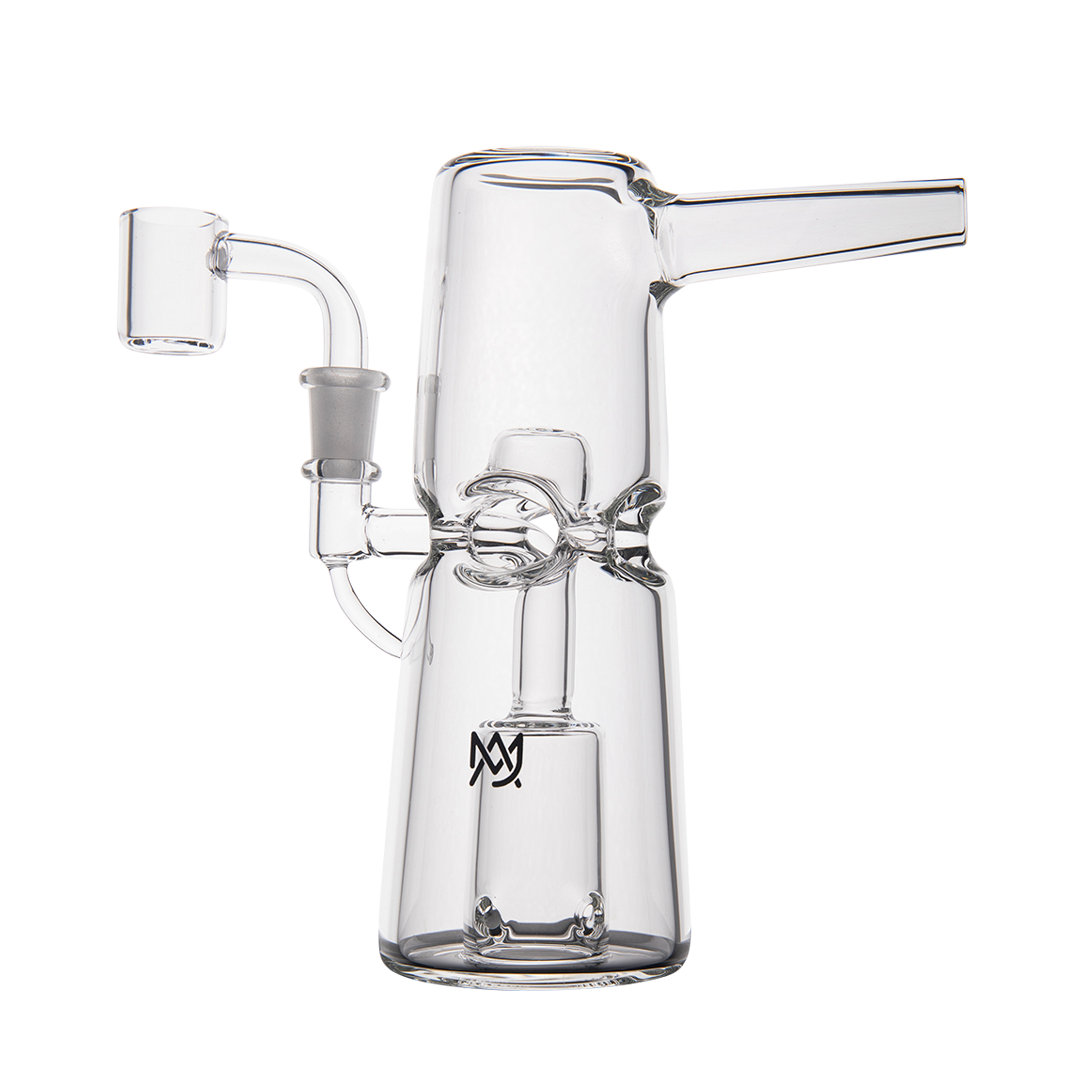 MJ Arsenal Turret Mini Dab Rig with Clear Quartz Bucket - Angled Side View on Seamless White