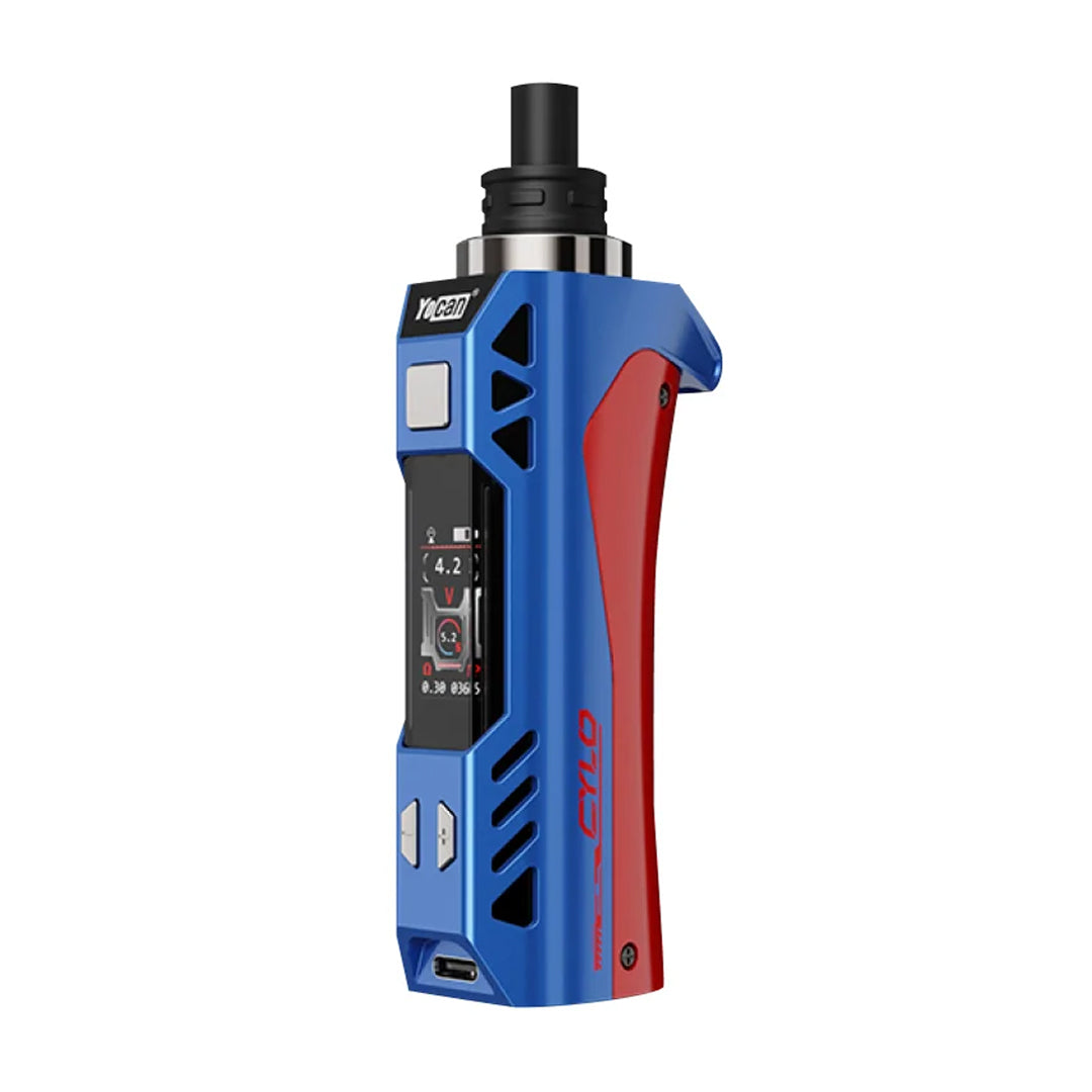 Yocan Cylo Vaporizer in Blue and Red, Front View with Digital Display and USB Ports