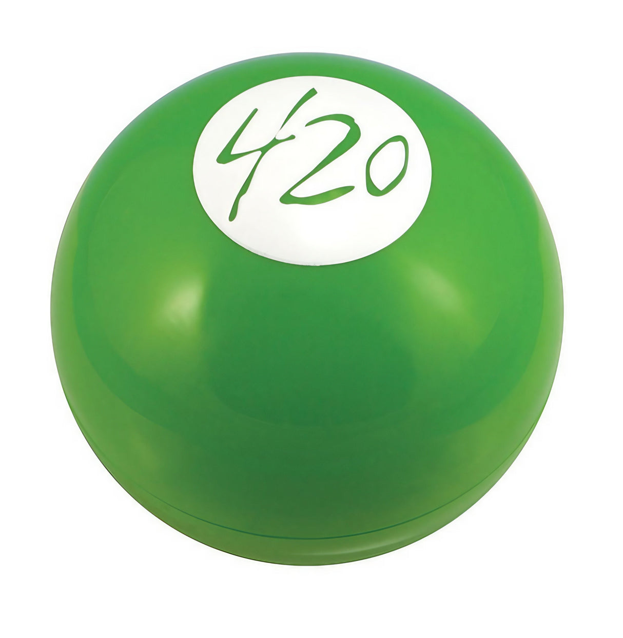 Green 420 Magic 8-Ball on white background, novelty fortune-telling ball for stoners