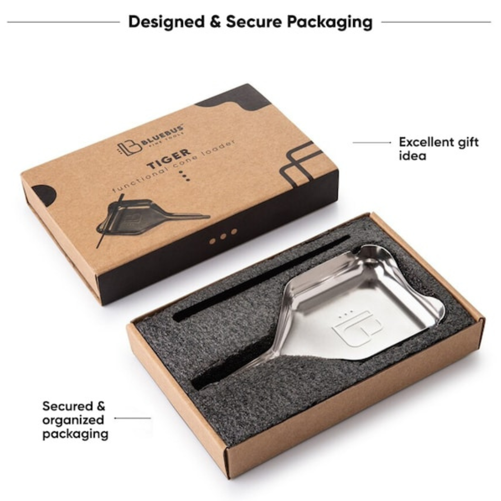 Blue Bus TIGER pre-rolled cone loader in silver, compact design, showcased in secure packaging