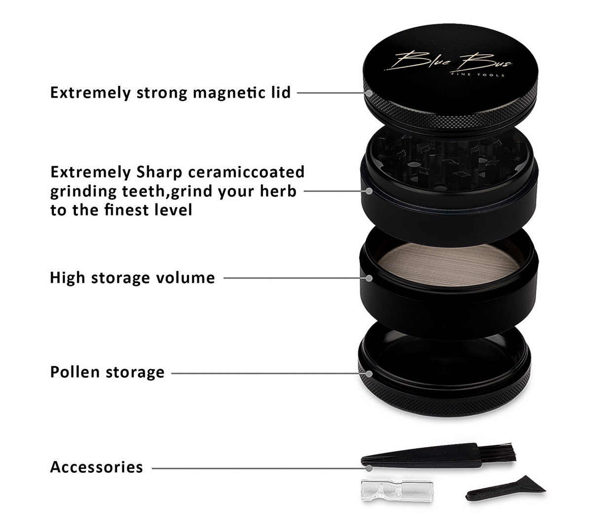 Z1 2.5" Black Ceramic Grinder by Blue Bus with Sharp Teeth, Pollen Storage, and Accessories