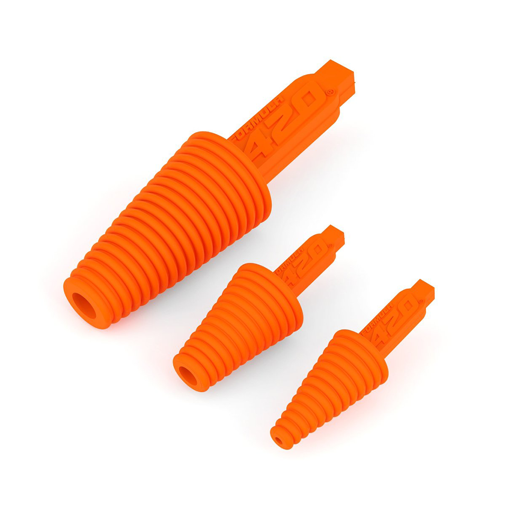 Formula 420 Cleaning Plugs in various sizes on white background, easy to use for bong maintenance