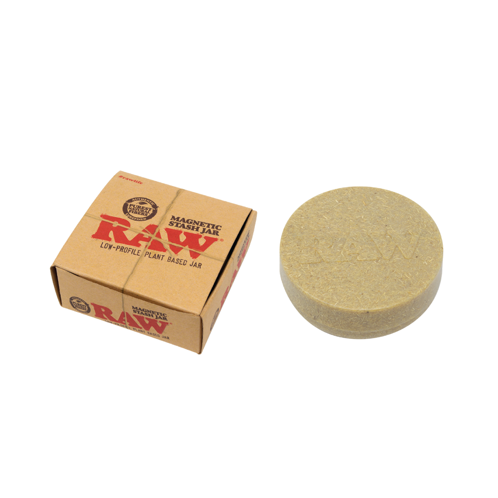 RAW Eco-Friendly Magnetic Stash Jar with Silicone Insert next to its box