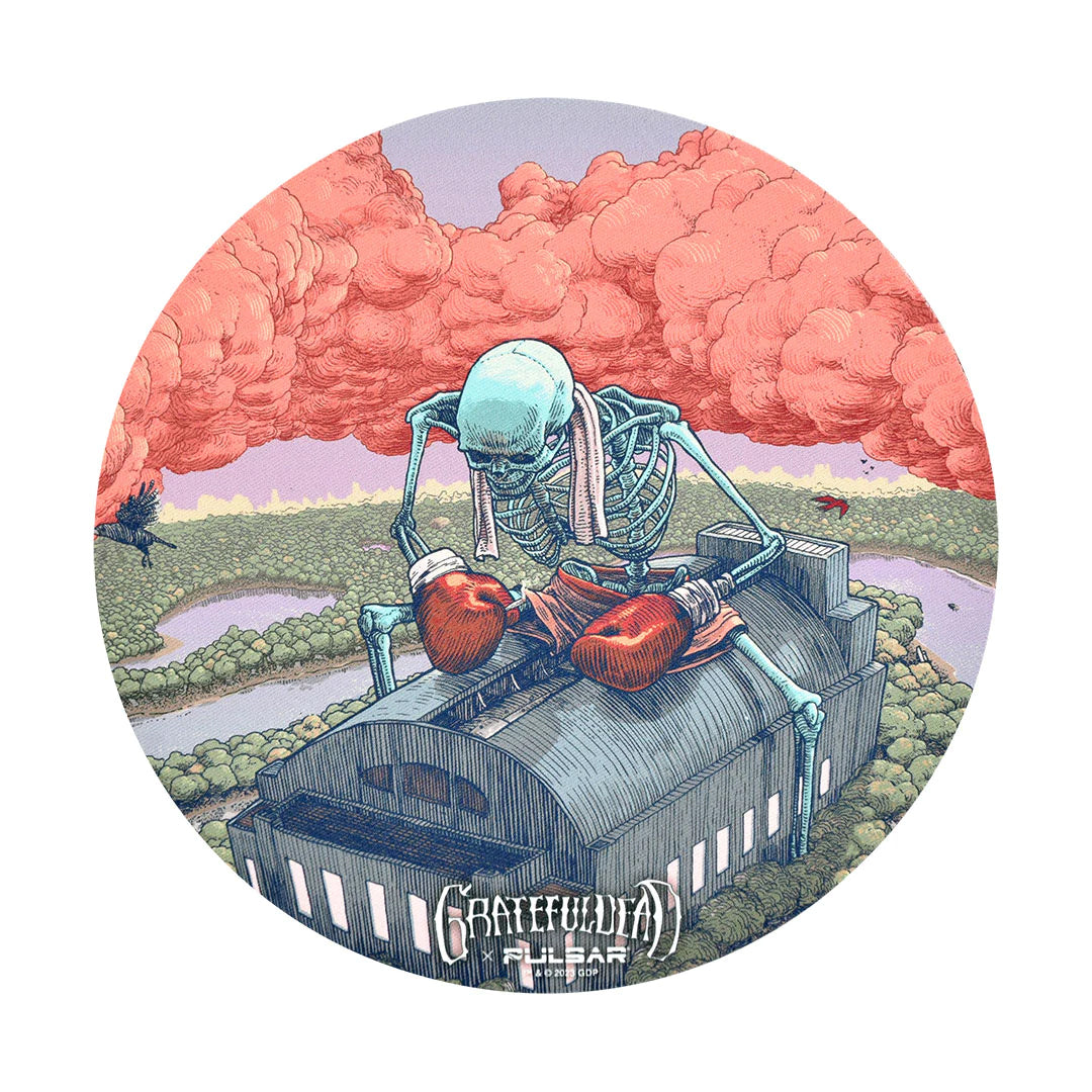 Grateful Dead themed round vinyl dab mat with vibrant skeleton artwork - top view