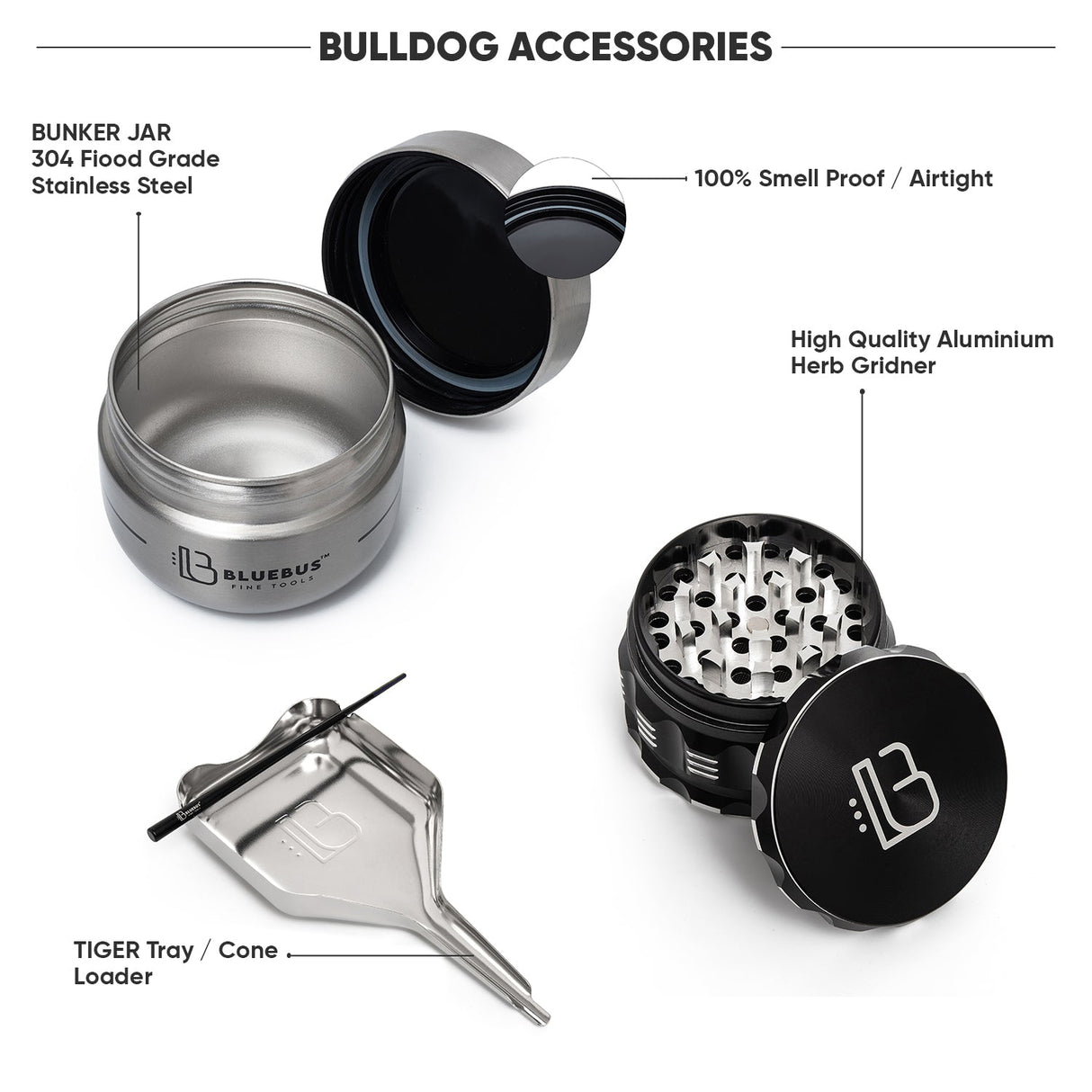 BULLDOG Smell Proof Stash Bag with Aluminum Herb Grinder, Bunker Jar, and Cone Loader on White Background