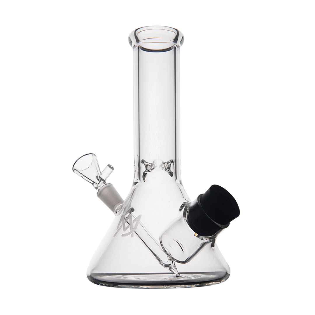 MJ Arsenal Cache Bong front view, clear borosilicate glass, compact beaker design, 45-degree joint
