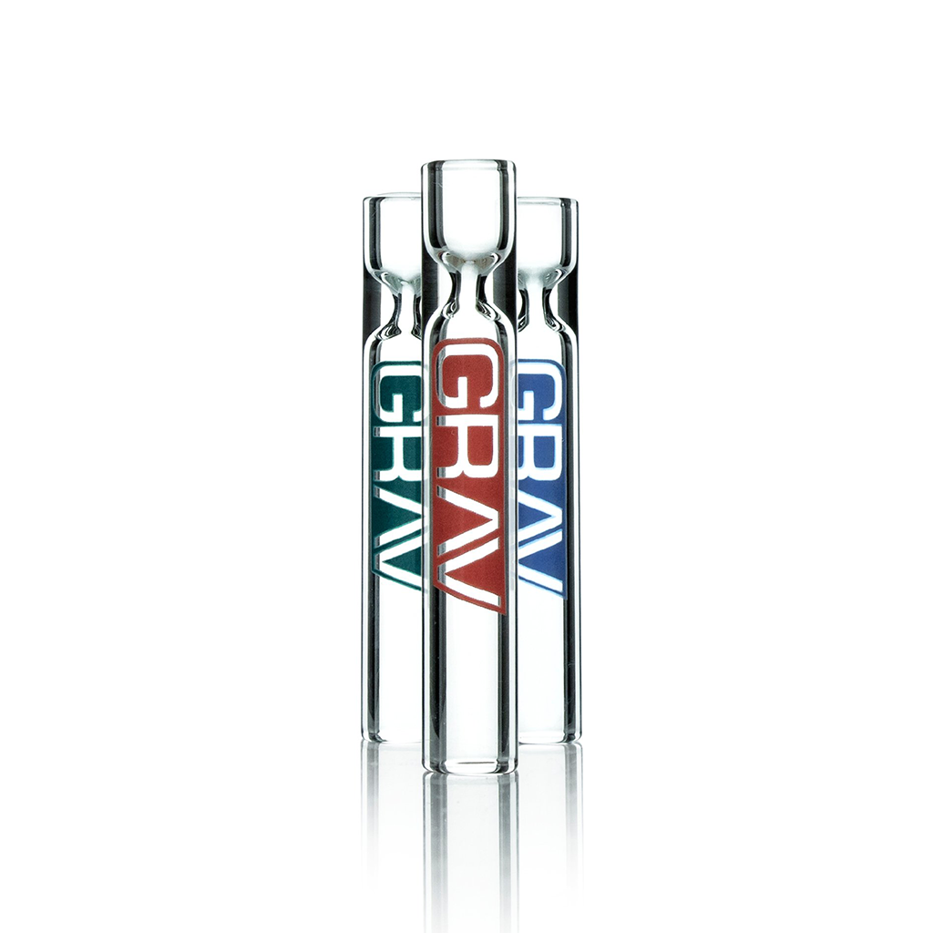 GRAV 12mm Clear Taster Hand Pipes 10-Pack Front View with Assorted Color Logos